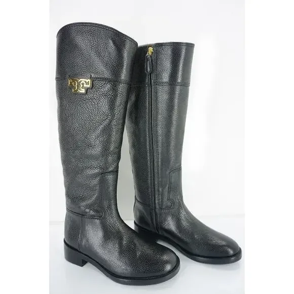 Tory Burch Joanna Black Leather Gold Logo Riding Boots Size 5.5 Heels NIB $495